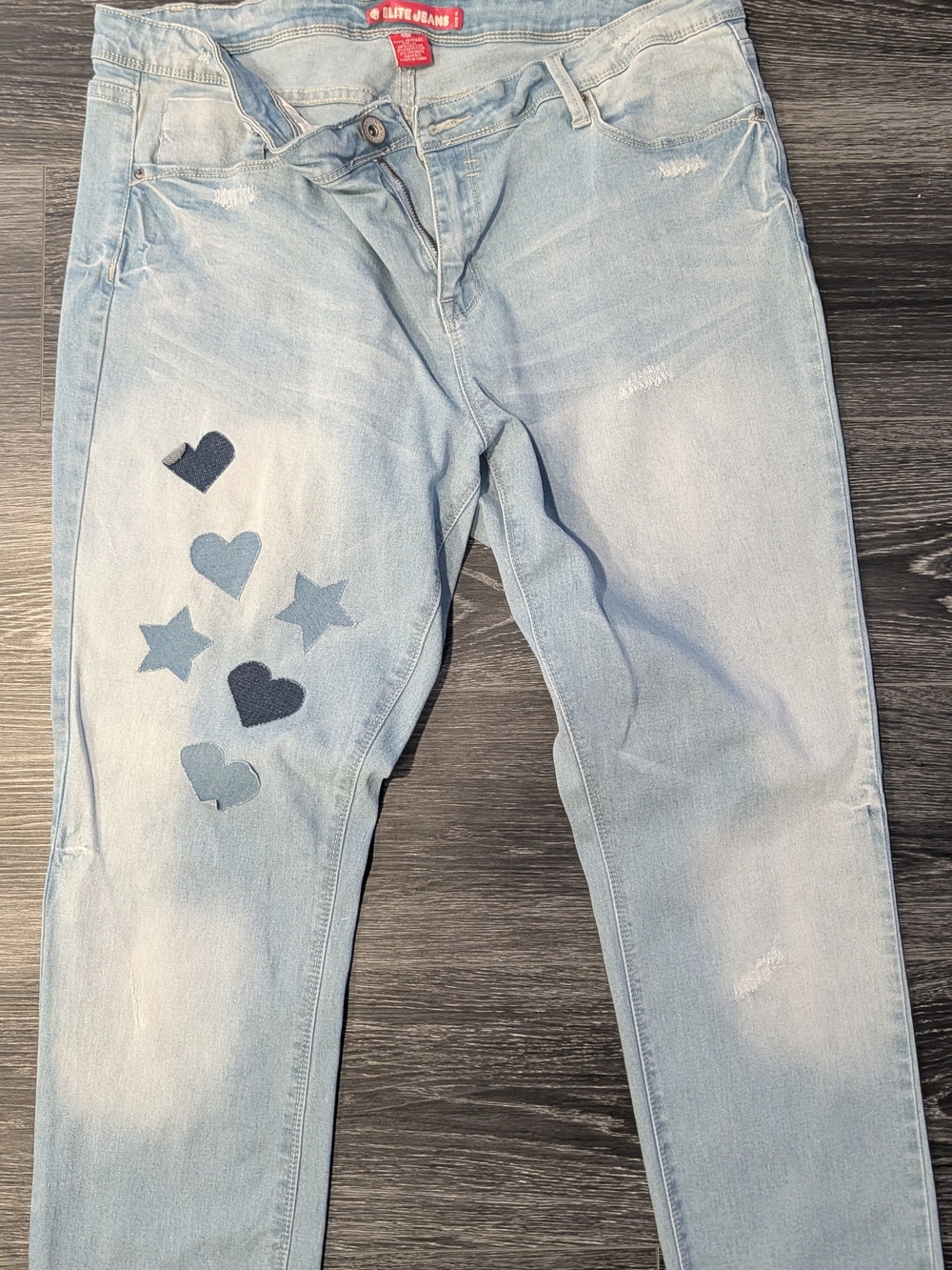 Blue Light-Wash Jeans with Heart & Star Patches